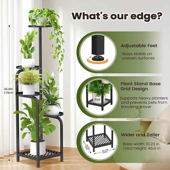 TOSKING 5 Tier Tall Plant Stand Indoor Outdoor, Heavy Duty Corner Shelf for Plants & Decor, Space Saving 3.9FT Metal Flower Pot Stand for Balcony, Garden, Living Room, Patio (Black, 47in) TOSKINGESSENCE