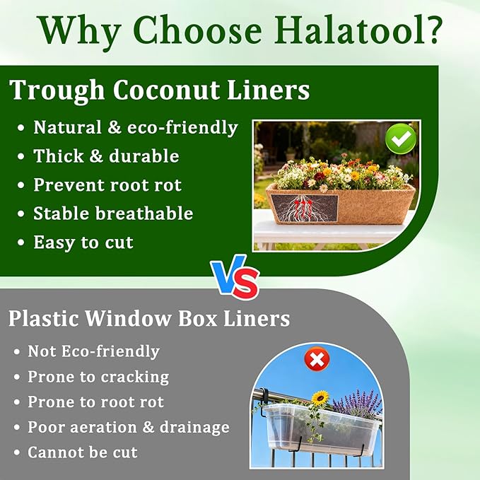 Halatool 4 Pack 24 Inch Window Box Liners, Pre-Formed Coco Fiber Replacement Liner, Natural Coconut Coir Planter Liners for Wall, Hanging Basket, Flower Pot, Fence and Railing HALATOOL