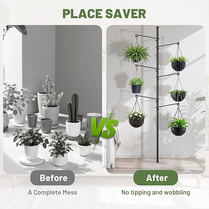 Tension Rod Plant Stand, Plant Poles for Hanging Plants Indoor, Metal Floor to Ceiling Hanging Plants Stand, Tension Pole Plant Stand with 6 Hooks (Fit 3.6-10ft) Zononoca
