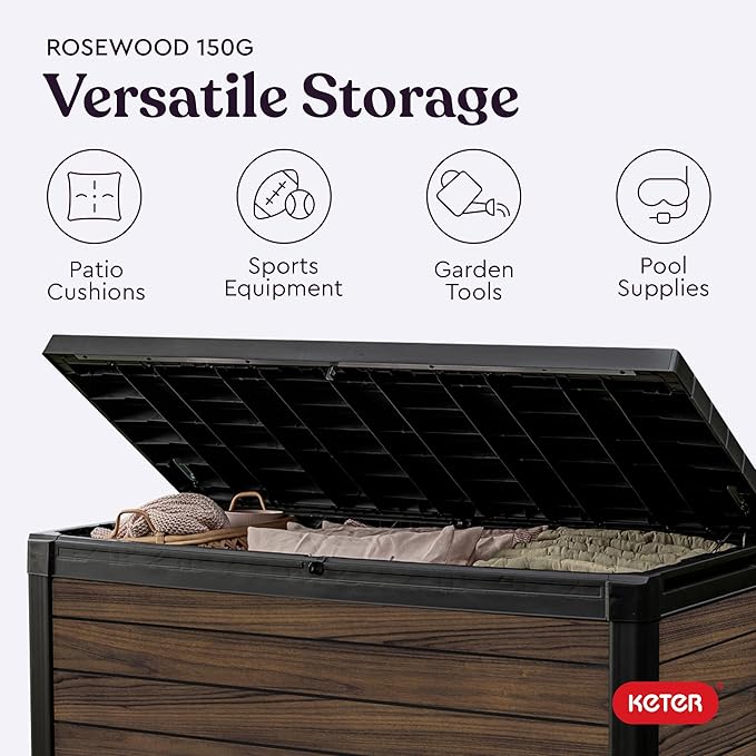 Keter Signature Collection 150 Gallon Resin Deck Box Organization and Storage for Patio Outdoor Cushions, Throw Pillows, Garden Tools and Pool Supplies, Rosewood Keter
