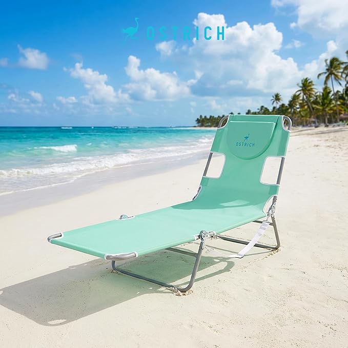 Ostrich 4-Position Outdoor Chaise Lounge w/Face Cushion & Arm Holes, Teal - Lightweight Folding Lounger w/Adjustable Reclining Backrest, Portable w/Carry Strap, 250 lb Weight Capacity OstrichProducts