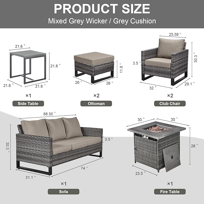 Belord 7 Pieces Patio Furniture Set with 50000BTU Propane Fire Pit Table: Wicker Patio Conversation Set with Outdoor Club Chairs Patio Couch Metal Side Table, All Weather Brown Rattan Belord