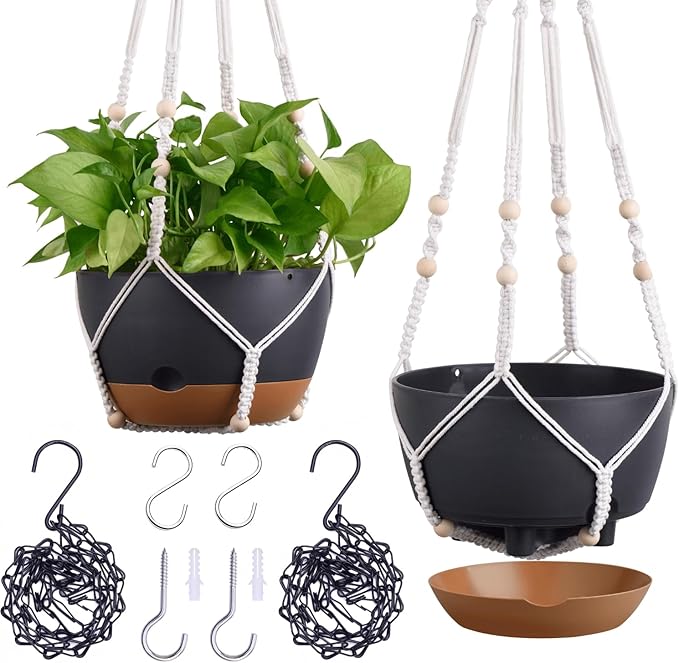 montresor Set of 2-8 Inch Hanging Planters for Indoor Plants with Self-Watering Includes Hanging Pots for Plants, Outdoor Hanging Plant Pot with Drainage, and 2 Types of Baskets Hangers (Black) Montresor