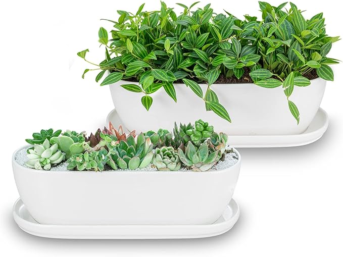 E-liu Ceramic Plant Pots, 11+14 inch, Set of 2, Planters with Drainage Holes Saucers and Mesh Pads, Indoor Flower Succulent Pot with Hole Mesh Pad, Gifts for Mom, Plants Not Included Creatingwarmandrefinedlifestylekitchenandhomeessentials