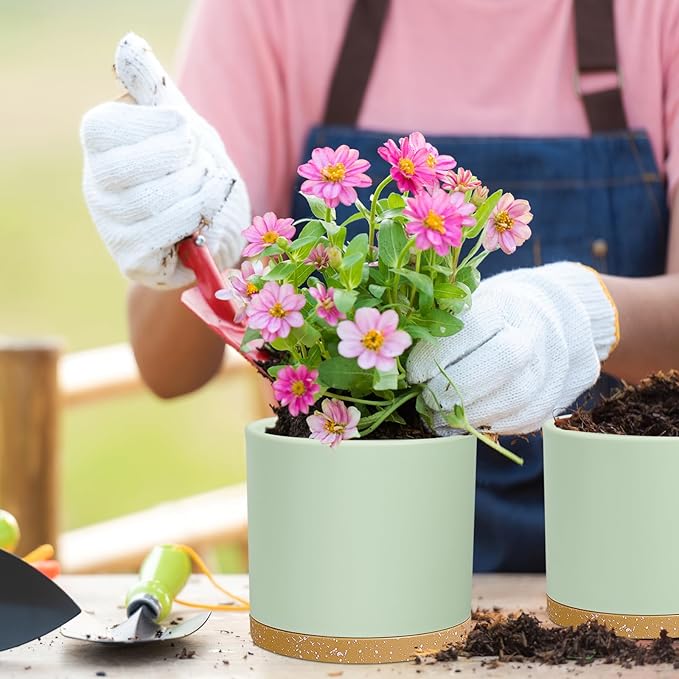 8/7/6 inch Plant Pots, 3 Pack Cylinder Flower Pots for Outdoor Indoor Plants, Decorative Plastic Planters with Drainage Holes and Saucers for Garden House Plants, Green with Brown Meowell