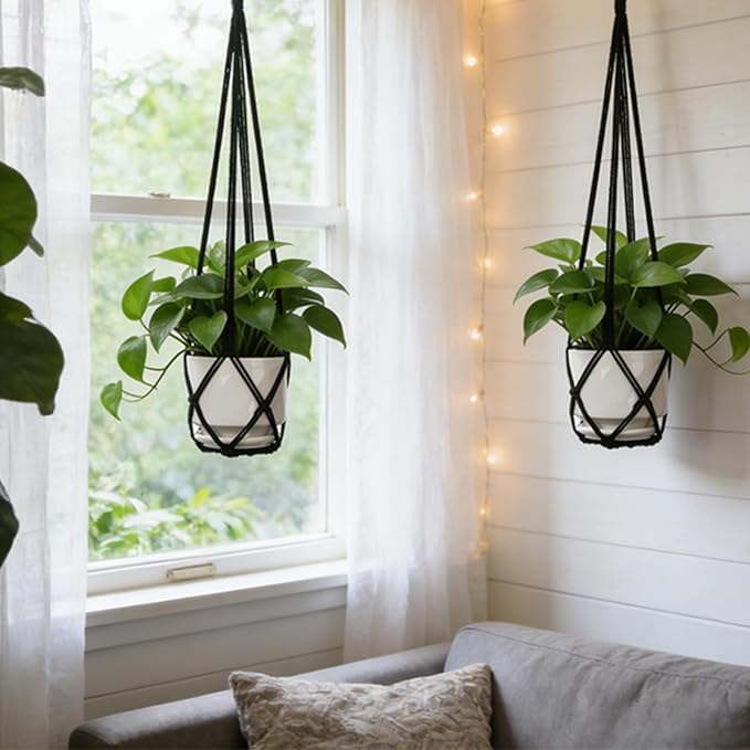 YIBOT Macrame Plant Hanger Indoor Set of 2 with 2 S Hooks, Indoor Outdoor Hanging Planter for Plants Holder with Decorative No Tassels, Boho Home Decor, 35 Inch, Black (Pots Not Included) YIBOT