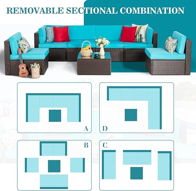 Vongrasig 7 Pieces Patio Furniture Sets, Outdoor All-Weather Wicker Patio Conversation Sets, L-Shaped Rattan Sectional Patio Sofa with Glass Table for Backyard, Blue Vongrasig