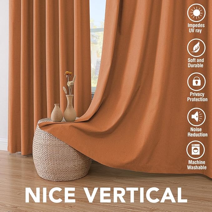 H.VERSAILTEX 100% Blackout Curtains for Bedroom Thermal Insulated Linen Textured Curtains Heat and Full Light Blocking Drapes Living Room Curtains 2 Panel Sets, Orange, 52x96 Inch HVERSAILTEX