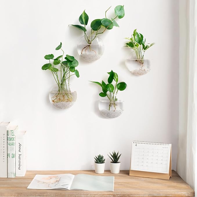 Mkono Wall Hanging Glass Terrariums Planter Oblate Flower Vase for Hydroponics Plants, Bathroom, Home Office Living Room Decor, Set of 2 Mkono