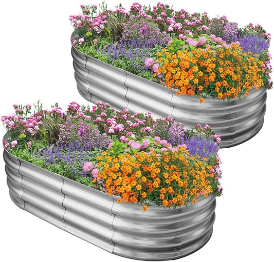 Galvanized Raised Garden Bed for Outdoor: 4X2X1ft Durable Metal Vegetable Plant Container Kit - Oval Planter Box for Gardening Flower Trough （2 Pack） Rootora