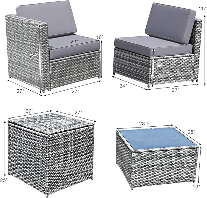Tangkula 8 PCS Outdoor Patio Furniture Set, Rattan Wicker Sofa Set, Sectional Sofa Couch Conversation Set w/Storage Table and 12 Zippered Cushions for Garden Backyard Poolside (Grey) TANGKULA