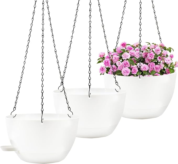 10 inch Hanging Planters for Indoor Plants, 3 Pack Self-Watering Hanging Planter Pots with Chain and Drainage Holes, Outdoor Plastic Hanging Baskets for Garden Home Decor (White, 3pcs/10inch) Rootora