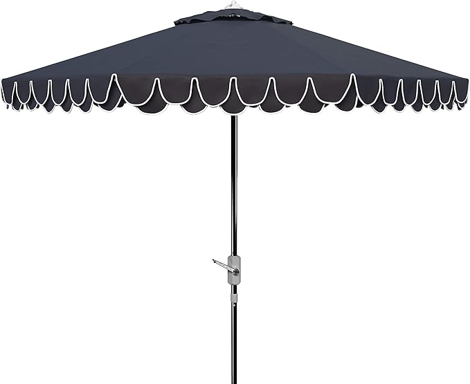 SAFAVIEH 9ft Outdoor Patio Umbrella, Round, Valance, White & Navy Trim, Auto Crank Tilt, UV Resistant for Deck, Backyard, Poolside (PAT8006G) SAFAVIEH