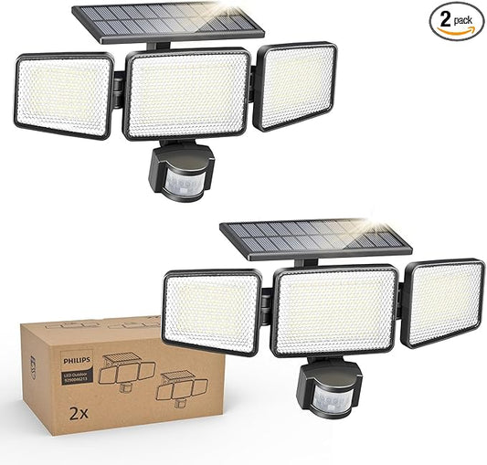 Philips Solar Security Light Outdoor 302 LED 1200lm，Solar-Powered Waterproof Wall-Mounted Flood Light w/PIR Motion Sensor, 3 Heads, IP65 Waterproof, 3 Modes (2 Packs) PhilipsLightingLED