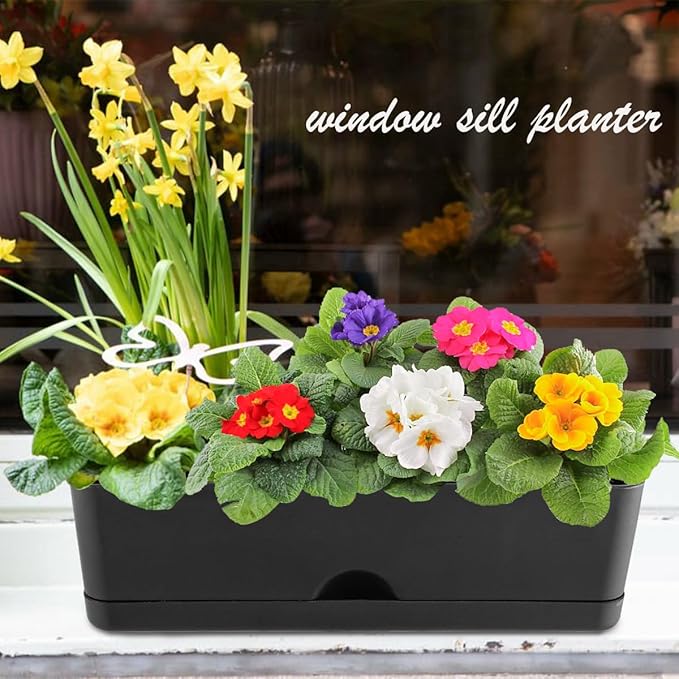 6 Pack Rectangle Planter 16x4.4 Inch Window Boxes Planters Rectangular Large Window Sill Planters Indoor Self Watering Plant Pots with Drainage Holes and Saucers Succulent Herb Flower Pots, Black KvyusFlourish