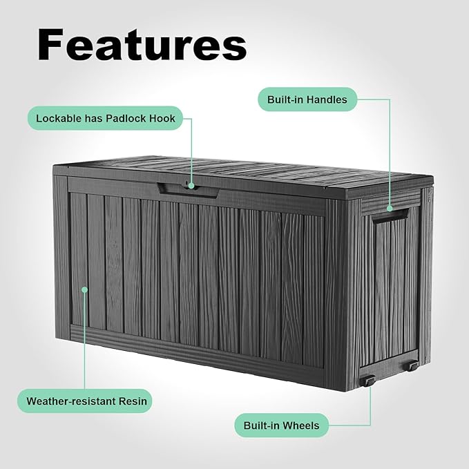 EasyUp 90 Gallon Outdoor Deck Box Waterproof, UV Resistant Resin Outdoor Storage Box for Delivery, Porch, Patio and Garden, Black EASYUP