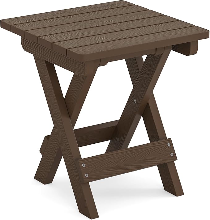 LUE BONA Small Outdoor Folding Side Table, HDPS Outside End Table for Patio, Porch, Deck, Pool, 14 Inch Height, Dark Brown LUEBONA