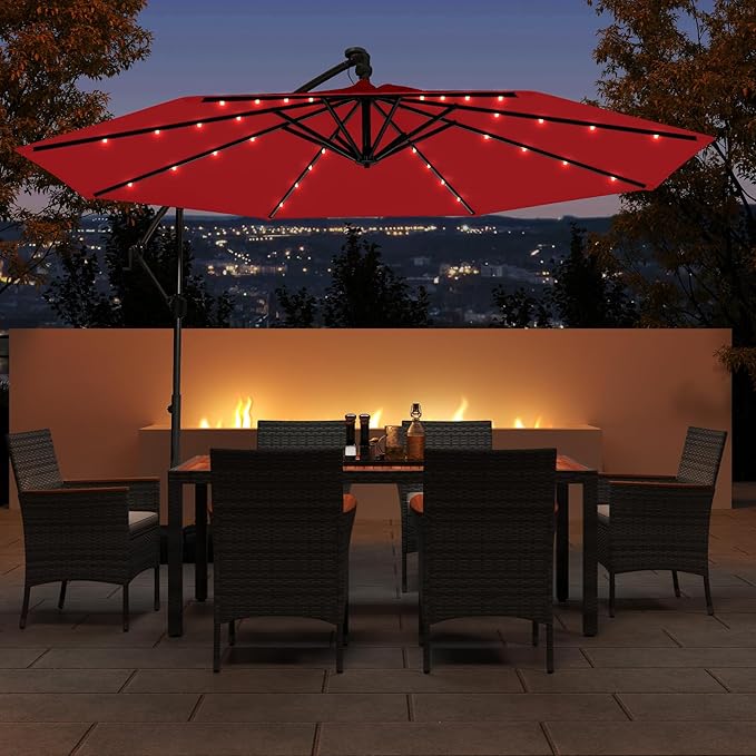 Tangkula 10ft Solar LED Patio Umbrella with Base, Offset Cantilever Outdoor Umbrella with 32 LED Lights, Infinite Tilt, 360 Degree Rotation, Crank Handle for Pool Deck Garden Backyard (Wine) TANGKULA