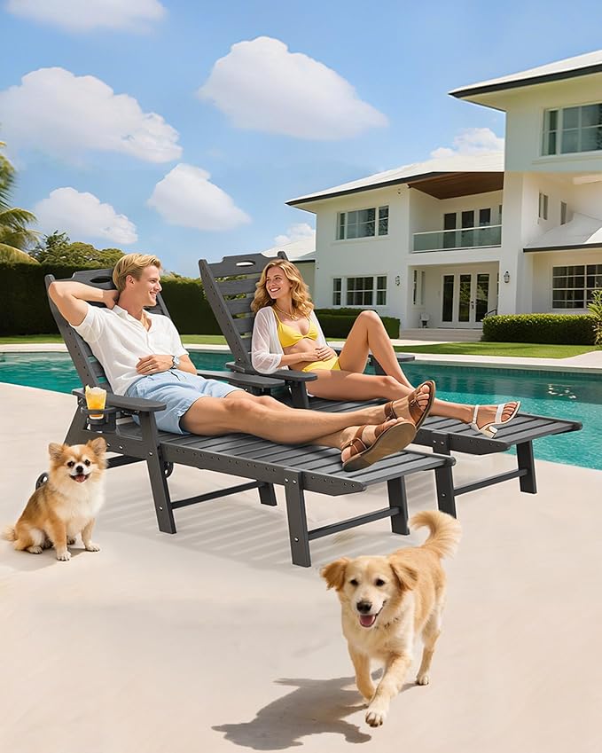Carauci Lounge Chair Outdoor, HDPE Chaise Lounge with Wheels, 5-Position Adjustable Backrest & 2 Cup Holders Patio Lounge Chair, All-Weather Pool Sun Lounger for Poolside, Backyard, Grey Carauci