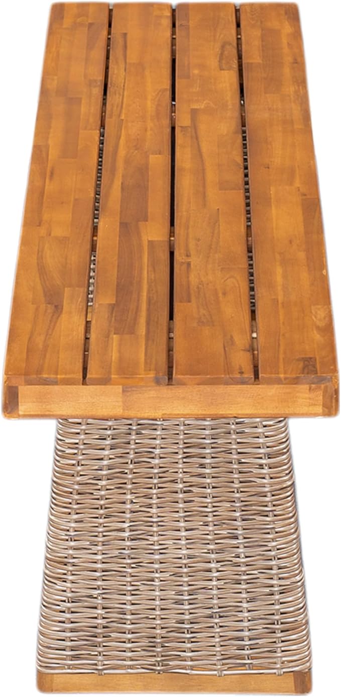 Christopher Knight Home Pasco Acacia Wood Outdoor Dining Table Set for 6, Wicker Patio Dining Set with Acacia Wood Table and Bench, Patio Table and Chair Set with Cushion+Rope Backrest,Brown+Teak+Grey ChristopherKnightHome