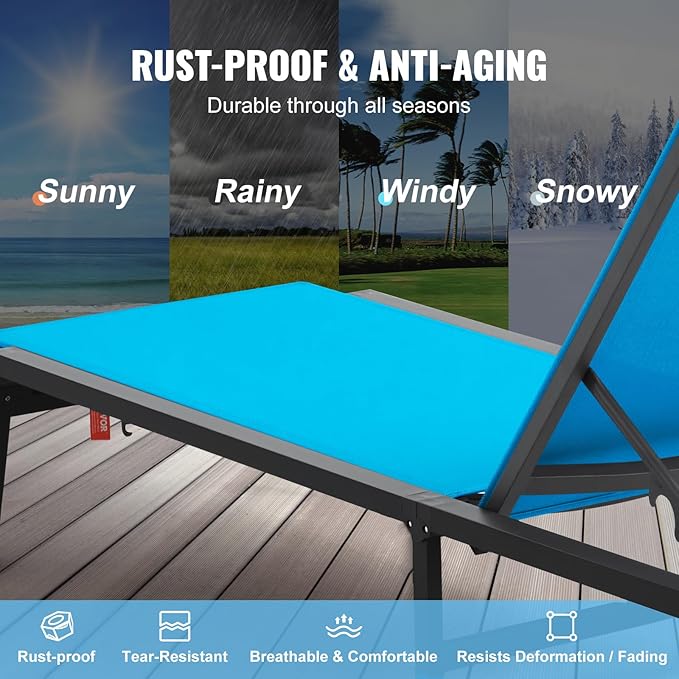 VEVOR Chaise Lounge Chairs Outdoor, Aluminum Patio Lounge Chairs with Adjustable 5-Position, Folding Pool Chair Recliner and Full Flat Tanning Chair for Patio, Beach, Pool, Blue VEVOR