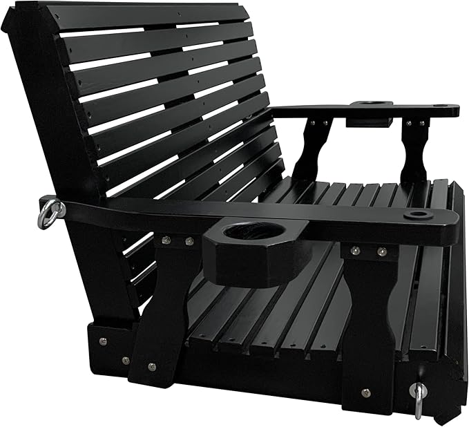 Wooden Porch Swing 2-Seater, High Backrest and Deep Seat, Bench Swing with Cupholders, Hanging Chains and 7mm Springs, Heavy Duty 880 LBS, for Outdoor Patio Garden (Carbon Black - 4 FT Extra Large) FortuneCandy