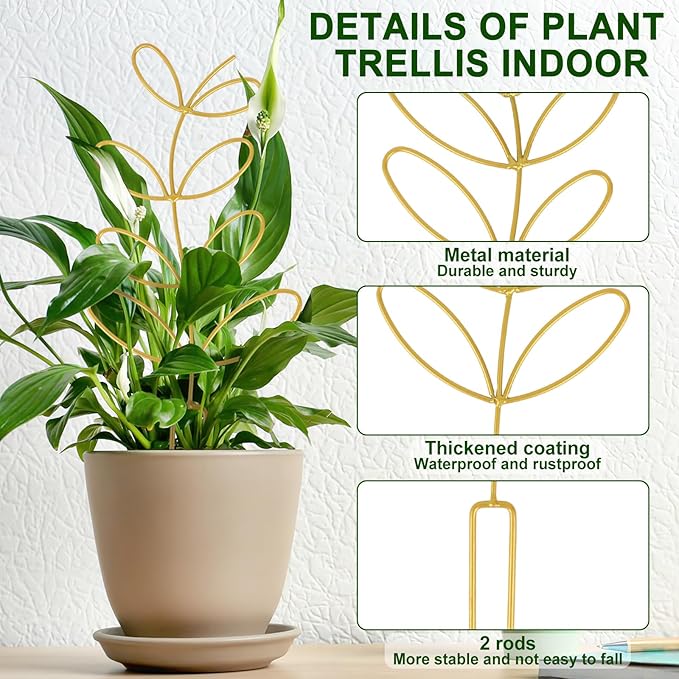 AUGSUN 2 Pcs Gold Trellis Leaf Shape 12 Inch Metal Plant Support with 50 Ties for Climbing Potted Plants Houseplant Garden Indoor Outdoor AUGSUN