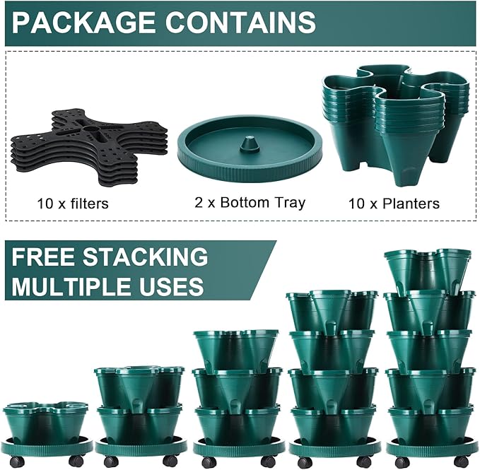 Umigy 2 Set 5 Tier Stackable Planters Vertical Garden Planters for Strawberry Herb Flower and Vegetable Indoor Outdoor Gardening Pots with Removable Wheels and Bottom(Dark Green) Umigy