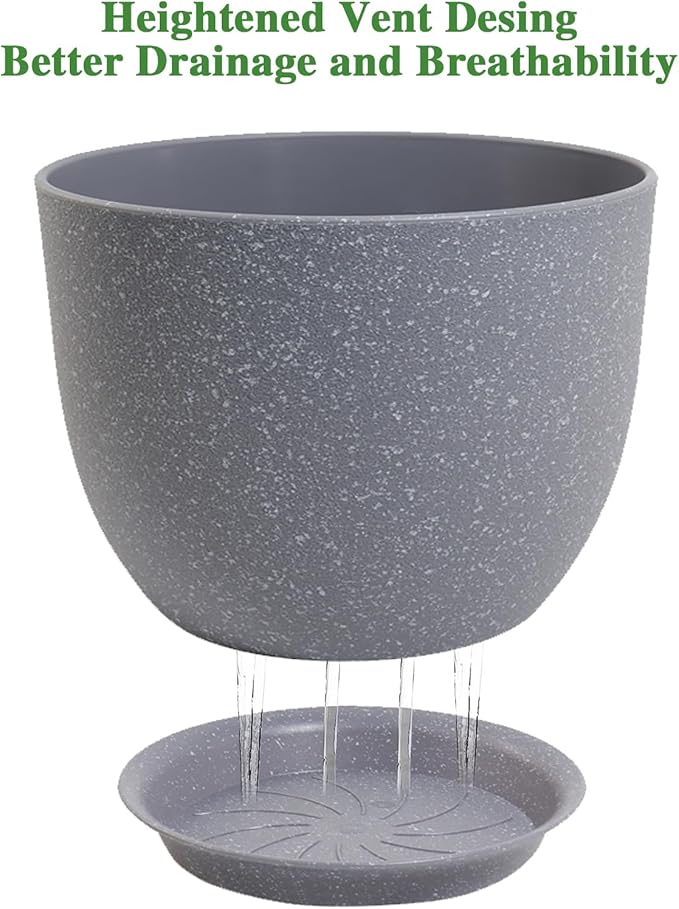 12inch Large Plant Pot, Modern Plastic Planter with High Driange Holes and Saucer for Indoor Outdoor Garden Plants and Flowers, Grey Speckles UOUZ
