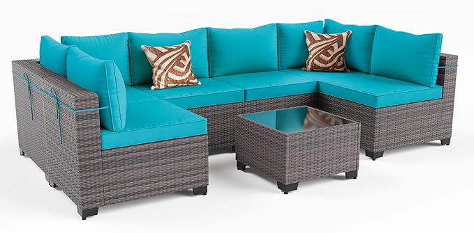 Kullavik 7 Pieces Outdoor Patio Furniture Set PE Wicker Rattan Sectional Sofa Patio Conversation Sets,Blue KULLAVIK