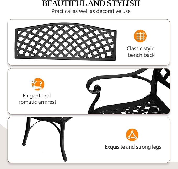 VINGLI 40.5" Patio Garden Bench,Anti- Rust Cast Iron Cast Aluminum Frame for Outdoor Path Yard Lawn Work Entryway Decor Deck (Black) VINGLI