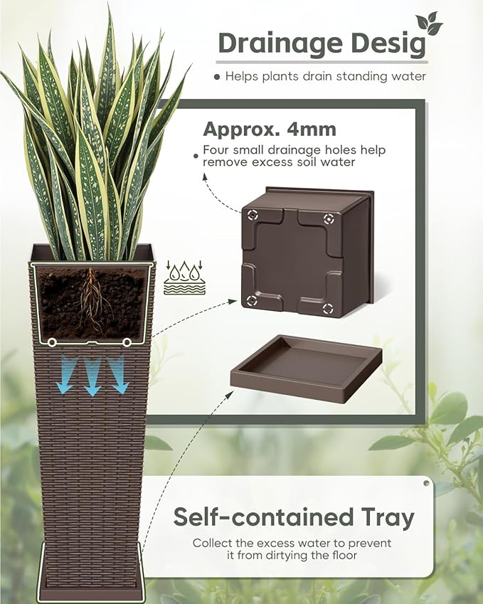Greesum Set of 2 Tall Plastic Planters with Saucer, 32 Inch Large Pots with Drainage Trays, Weather-Resistant Plastic Plant Containers for Patio, Porch, Garden,Brown BuynowfromGreesum