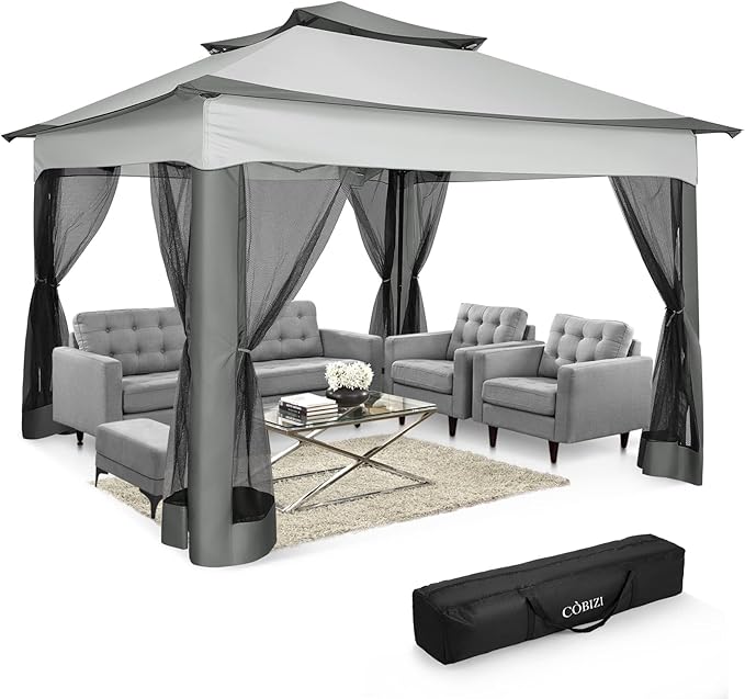 COBIZI 11x11 Pop Up Gazebo One-Push Canopy Tent, Carpas Para Patio, Outdoor Canopy Shelter with Double Roof Ventiation 121 Square Feet of Shade for Lawn, Garden, Backyard and Deck, Gray (Upgraded 2.0) COBIZI