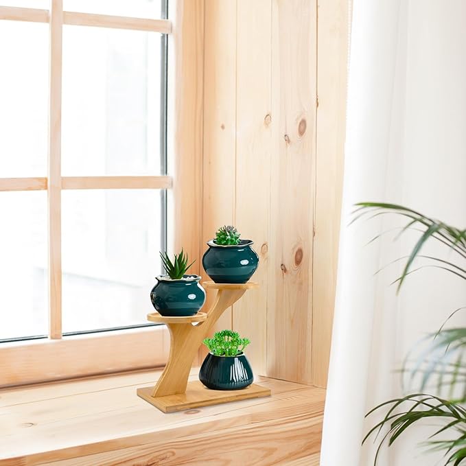 XXXFLOWER Bamboo Plant Stand ,3 Tiers Indoor Succulent Windowsill Shelf - Small Tabletop Plant Holder for Home, Office, Living Room, Bedroom Decoration 1pc XXXFLOWER