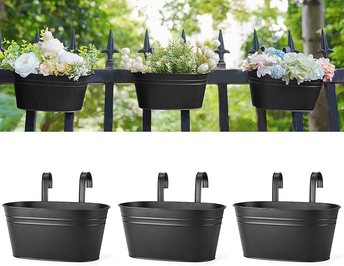 Dahey 10.5 Inch Metal Iron Hanging Flower Pots for Railing Fence Hanging Bucket Pots Countryside Style Window Flower Plant Holder with Detachable Hooks Home Decor,Black,3 Pcs Dahey