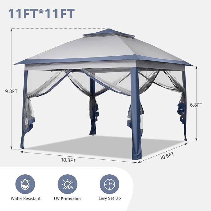 GDY 11x11 Pop Up Canopy Tent, Outdoor Canopy with Netting, Outdoor Gazebo for Backyard, Tent with Handbag, Blue. GDY