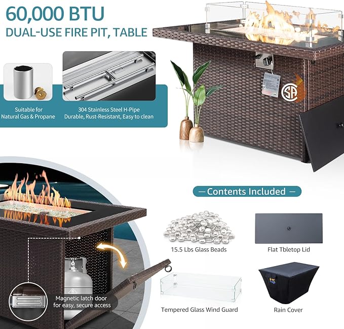 NICESOUL Large Outdoor Patio Furniture Set with Firepit Propane/Natural Gas, High-End Deep Seats Wicker Modular Sectional Sofas for 8, 29.3'' High Back Conversation Sets, Brown Rattan and Teal Cushion NICESOUL