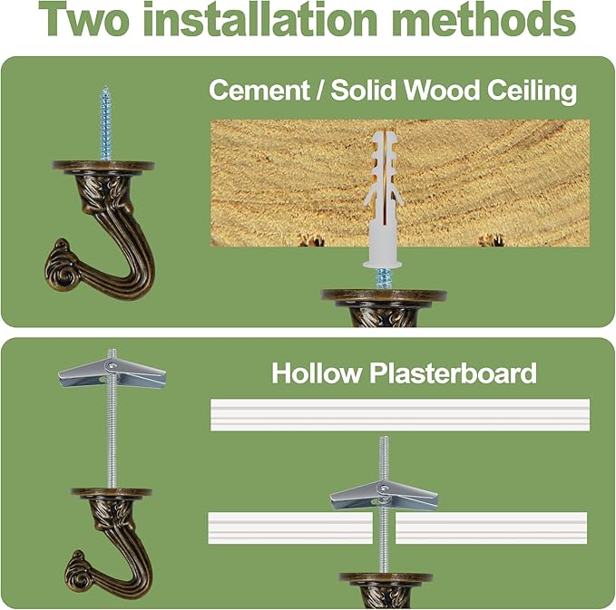 Ceiling Swag Hook Sets - Heavy Duty Hooks with Mounting Hardware for Hanging Plant, Ceiling or Extender Chains - Easy Install with Screws/Brackets Aidoclip