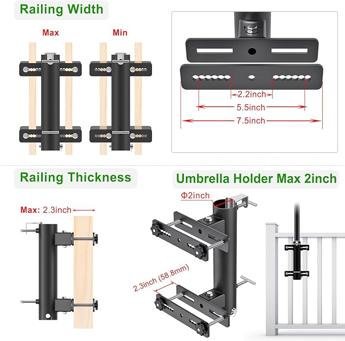 Heavy Duty Deck Railing Umbrella Holder, Adjustable Patio Umbrella Stand for 1-2 Inch Poles, Secure & Sturdy Railing Grille Mount, Maximizes Outdoor Space Lifeswell