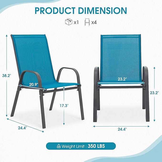 Outdoor Stackable Chairs Set of 4, Stacking Patio Chairs with Textilene Fabric, Outside Furniture for Garden Backyard Balconie Poolside Deck, Blue Villeston