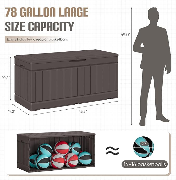JUMMICO 78 Gallon Outdoor Deck Box Large Resin Storage Box for Patio Furniture Cushions and Garden Tools (Brown) JUMMICO