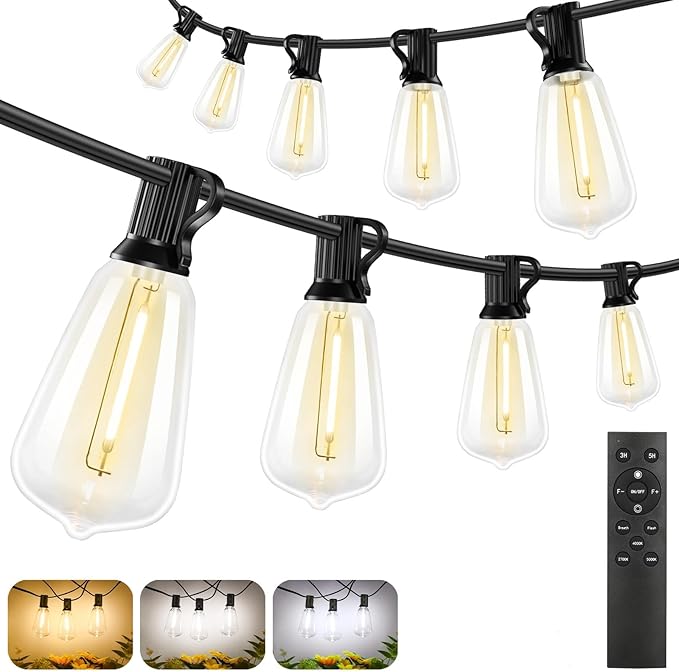 Brightever 3 Color in 1 Outdoor String Lights with Remote, 150FT LED String Lights for Outside with 47 ST38 Vintage LED Bulbs, Waterproof IP65 Outdoor Light for Patio, Bistro, 2700K/4000K/5000K Brightever