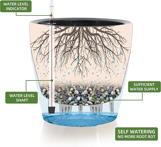 Dexceder 9x8 Inches Self Watering Planter Indoor Outdoor, Inner Pot Design, Thickened Table Flower Plant Pot with Water Level Indicator (Black Gold Crackle) Dexceder