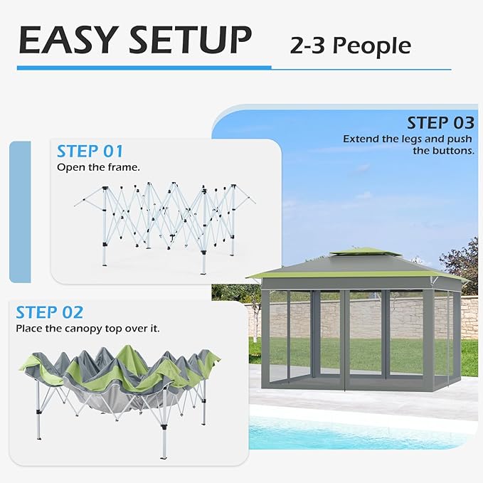 ECOTOUGE 11 FT Pop Up Canopy Tent with Mosquito Nettings, Instant Shelte gazebos on Clearance w/Carrying Roller Bag, Waterproof and UV Resistant Canopy Tent for Grill, Garden and Backyard Grey-Green ECOTOUGE