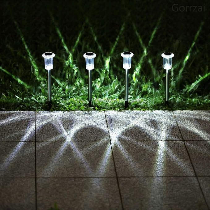 Solar Pathway Lights 10 Pack Christmas Solar Lights Outdoor Waterproof 6000K Cold White Yard Lighting, LED Stainless Steel Stake for Garden Outside Landscape Lawn Driveway Walkway Path Gorrzai