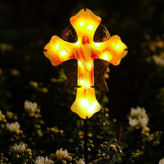 Solar Jesus Cross Garden Lights for Graves - Angel Wing Memorial Decor, Waterproof Cemetery Solar Stake Lights for Easter, Patio, Yard - Sympathy Gifts for Loved Ones1. Rootora