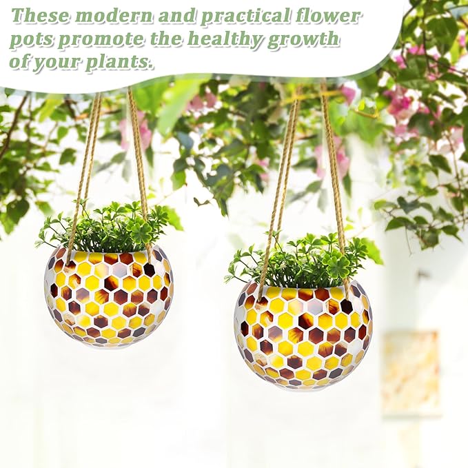 Hanging Planter Mosaic Garden Pot Small Flower Pot for Indoor Plant Disco Ball Hanging Planter with Drainage Yellow Bee Chonsun