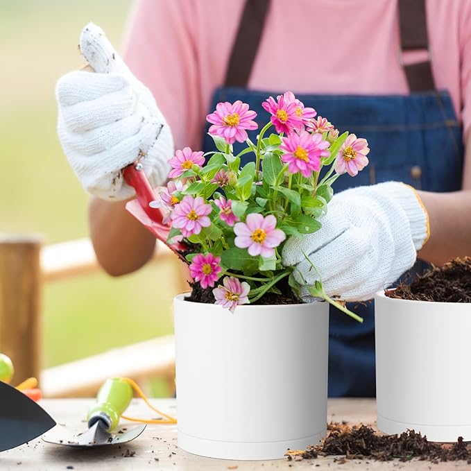 10/8/6 inch Deep Flower Pots, 3 Pack Cylinder Tall Plant Pots for Outdoor Indoor Plants, Large Decorative Plastic Planters with Drainage Holes and Saucers for Garden House Plants, White Meowell