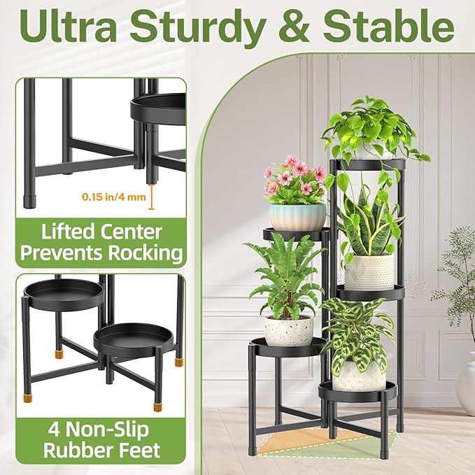 iDavosic.ly Plant Stand with Garden Tools, 5 Tier Corner Metal Flower Display Holder Shelf Indoor Outdoor, Easy Assembly Folding Tall Orchid Rack for Patio Balcony Porch Living Room House, Black iDavosicly