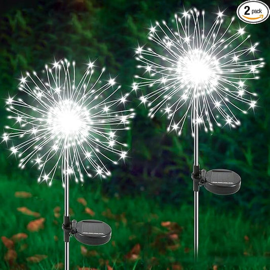 Solar Garden Lights Outdoor, 2 Pack 120 LED Twinkling Firework Lights Decorative with 2 Modes, Outdoor Waterproof Solar Starburst Light for Outside Yard Pathway Garden Decor, White Yaafen